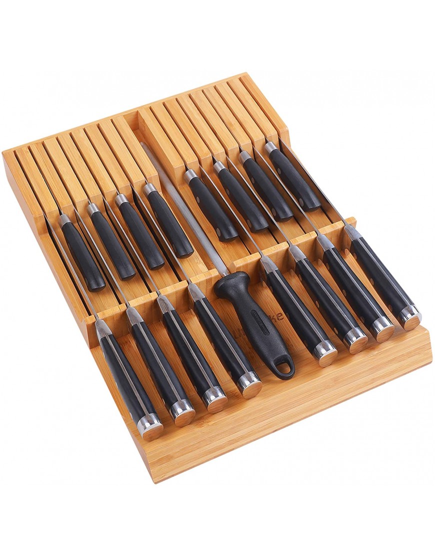 Utoplike In-drawer Knife Block Bamboo Kitchen Knife Drawer Organizer,Large handle Steak knife Holder without Knives fit for 16 knives and 1 Sharpening Steel 16 Knife Organizer）