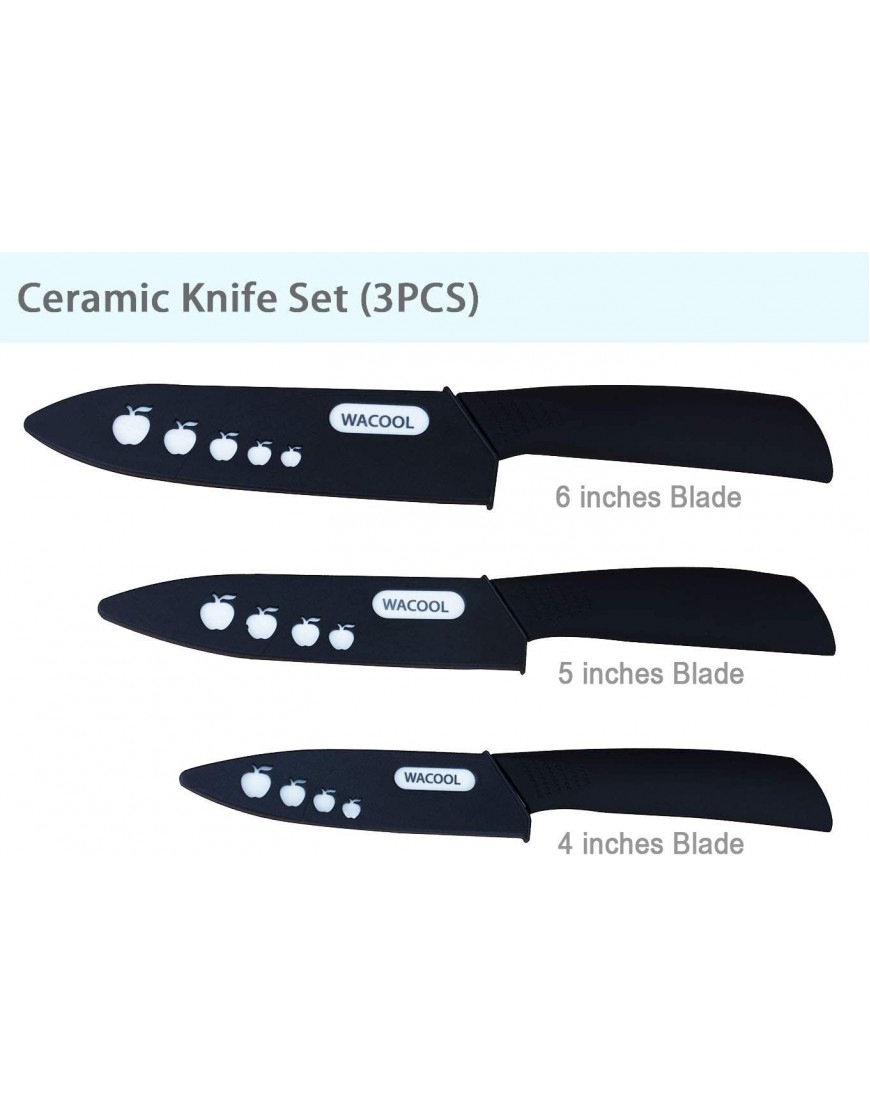WACOOL Ceramic Knife Set 3-Piece Includes 6-inch Chef's Knife 5-inch Utility Knife and 4-inch Fruit Paring Knife with 3 Knife Sheaths for Each Blade Black Hand