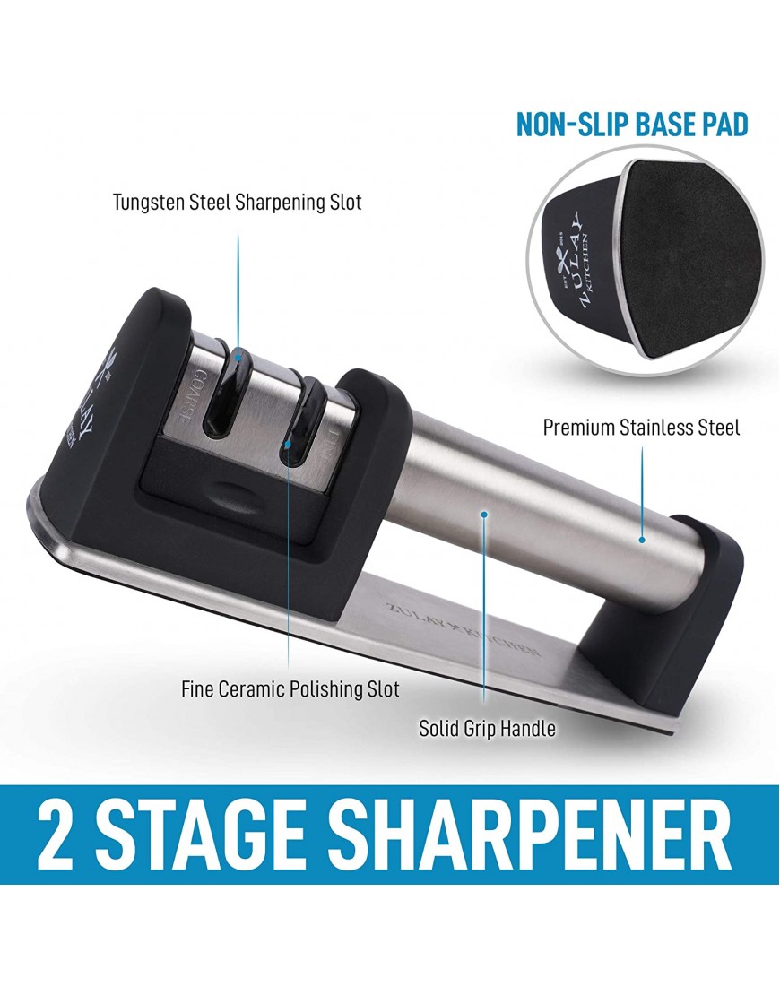 Zulay Premium Quality Knife Sharpener for Straight and Serrated Knives Stainless Steel Ceramic and Tungsten Easy Manual Sharpening for Dull Steel Paring Chefs and Pocket Knives
