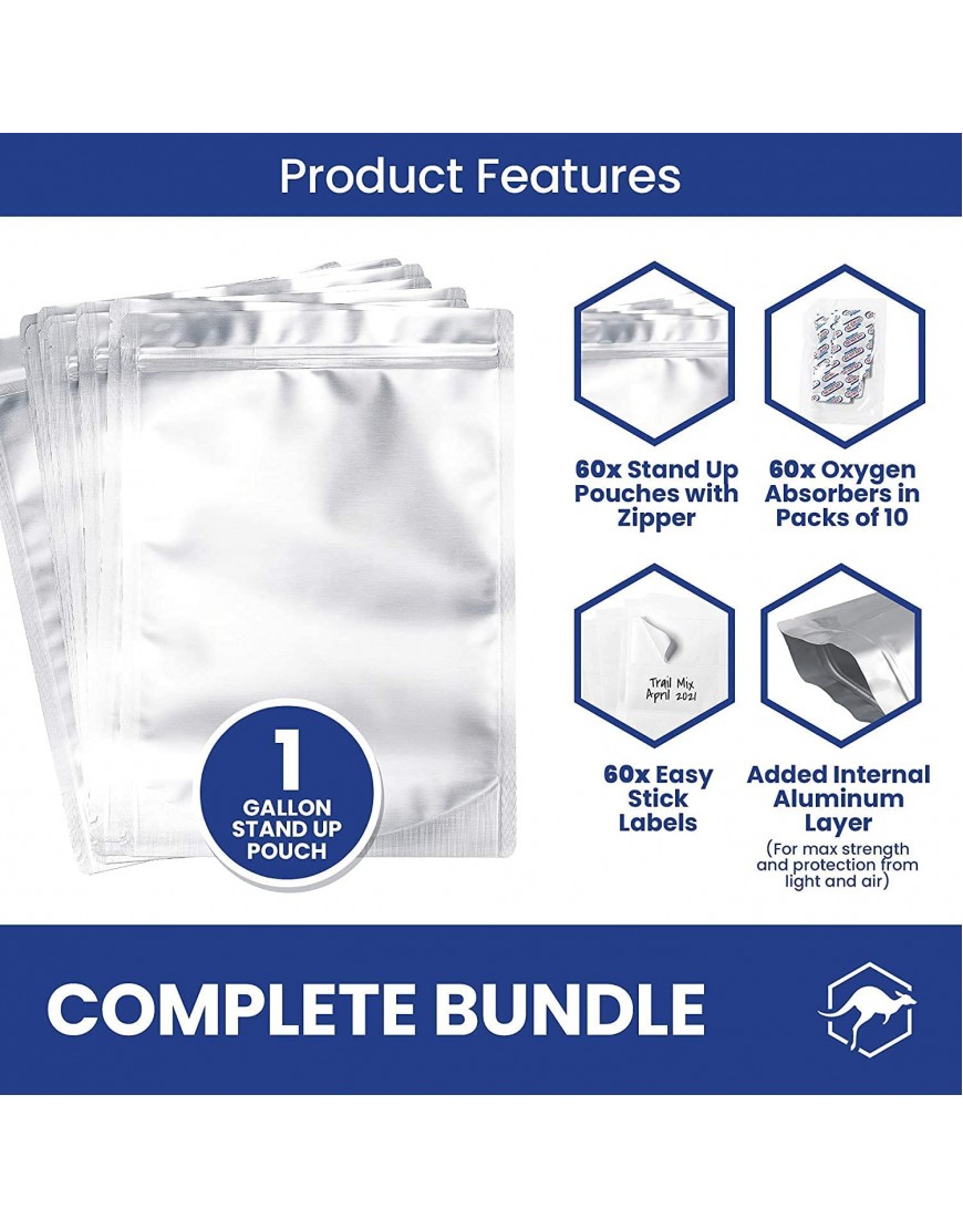 60x Wallaby 1-Gallon Gusset Mylar Bag Bundle 7.5 Mil 10 x 14 Stand-Up Zipper Pouches 60x 400cc Oxygen Absorbers 60x Labels Heat Sealable & Food Safe Long-Term Food Storage Solutions Silver