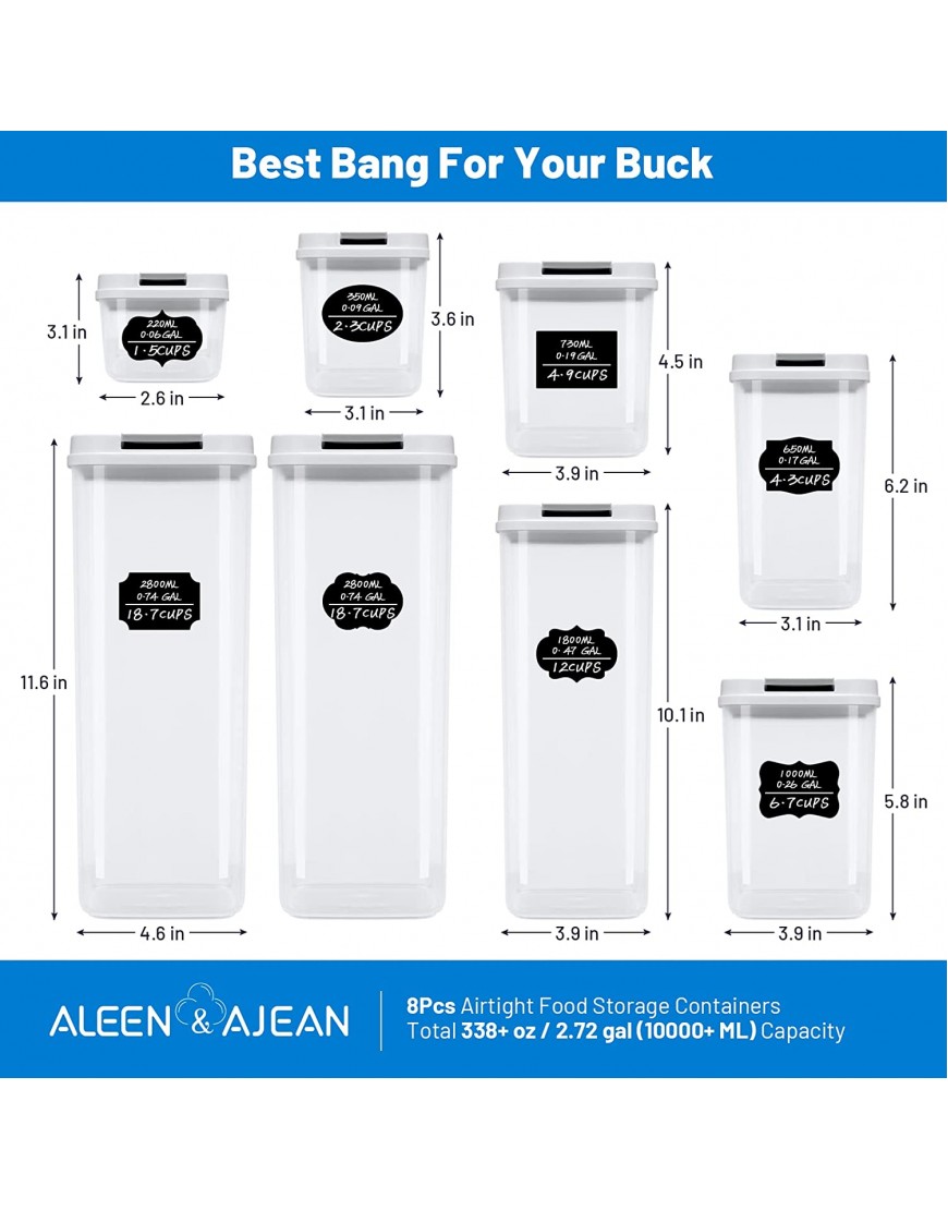 Airtight Food Storage Containers Set[8 Pcs] Kitchen & Pantry Organization ALEEN & AJEAN BPA Free PP Plastic with Easy Lock Lids Dry Food Storage Containers Freezer Safe Stackable Cereal Canisters with Labels