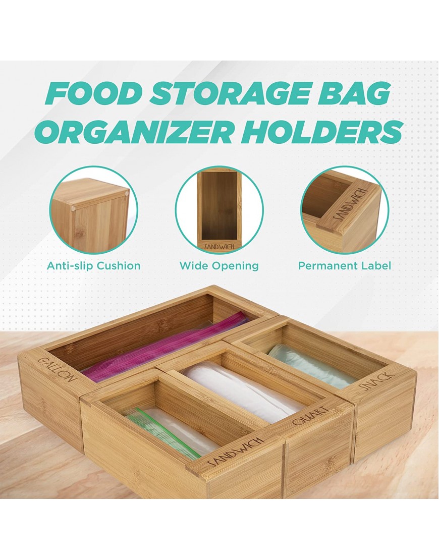 Bamboo Ziplock Bag Storage Organizer and Dispenser for Kitchen Drawer With Removable Back By Slimry Design Suitable for Gallon Quart Sandwich & Snack Variety Size Bag