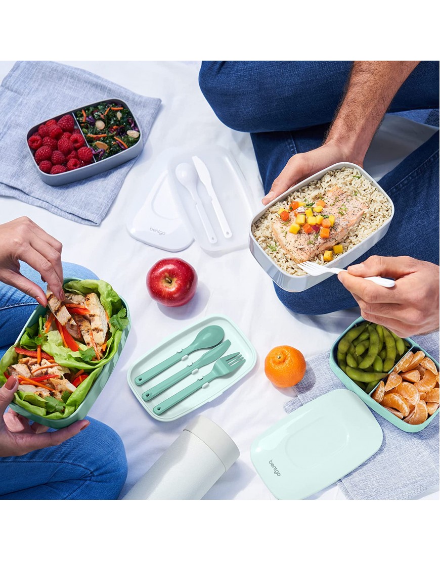 Bentgo Classic All-in-One Stackable Bento Lunch Box Container Modern Bento-Style Design Includes 2 Stackable Containers Built-in Plastic Utensil Set and Nylon Sealing Strap Coastal Aqua