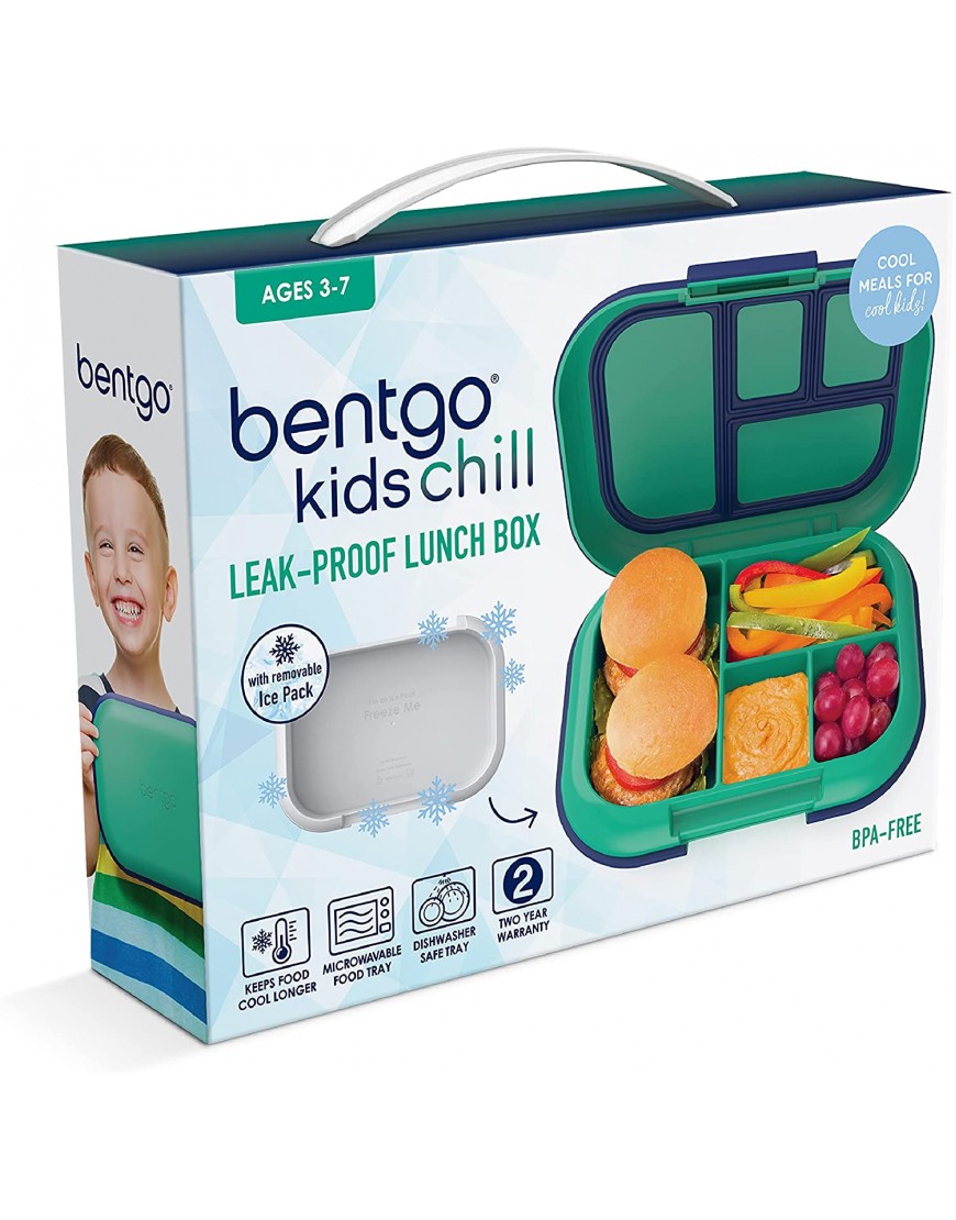 Bentgo Kids Chill Lunch Box Bento-Style Lunch Solution with 4 Compartments and Removable Ice Pack for Meals and Snacks On-the-Go Leak-Proof Dishwasher Safe BPA-Free Green Navy