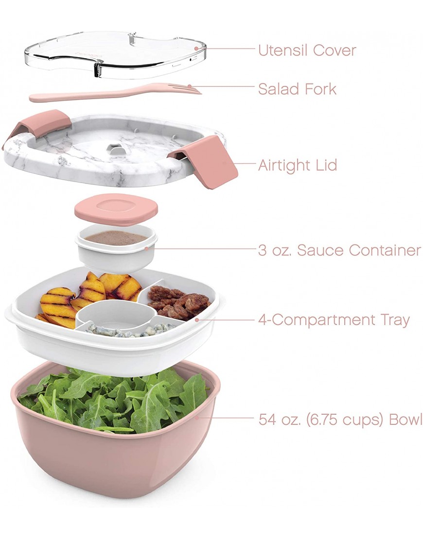 Bentgo® Salad Stackable Lunch Container with Large 54-oz Salad Bowl 4-Compartment Bento-Style Tray for Toppings 3-oz Sauce Container for Dressings Built-In Reusable Fork & BPA-Free Blush Marble