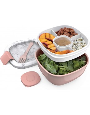 Bentgo® Salad Stackable Lunch Container with Large 54-oz Salad Bowl 4-Compartment Bento-Style Tray for Toppings 3-oz Sauce Container for Dressings Built-In Reusable Fork & BPA-Free Blush Marble