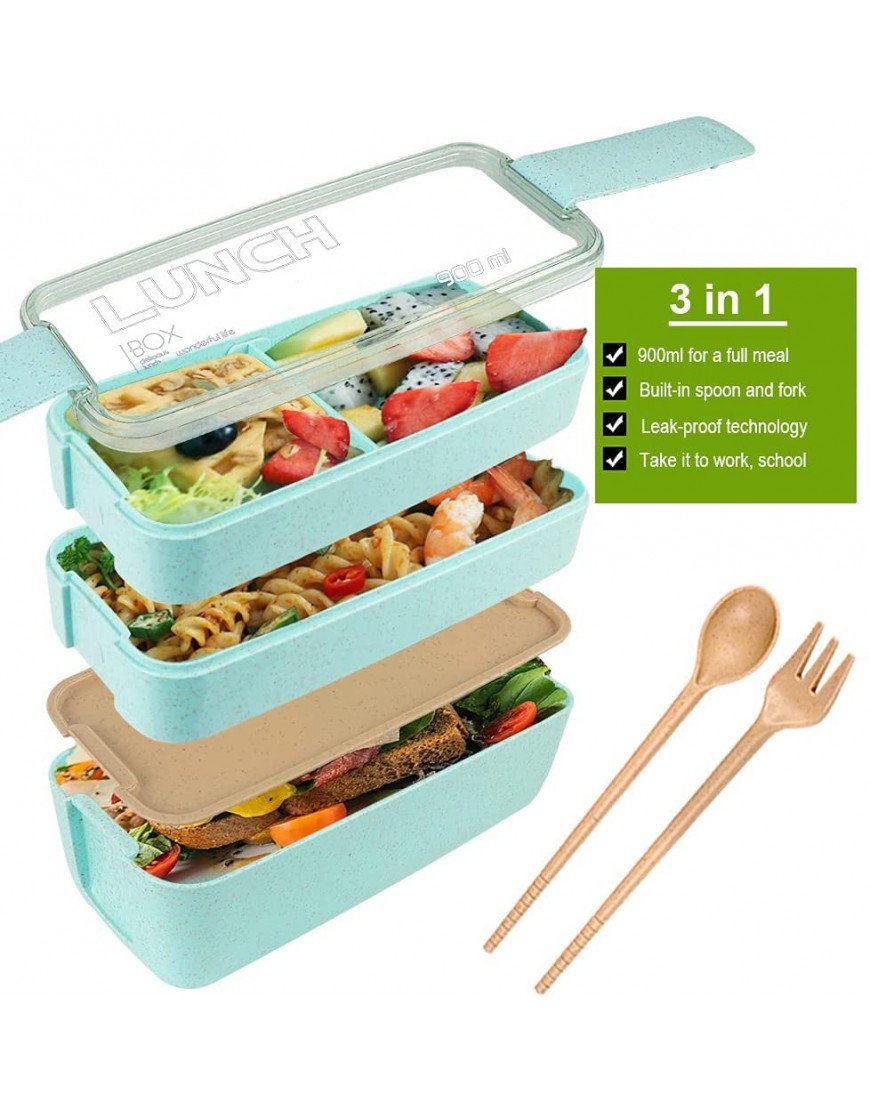 Bento Box Lunch Box for Adults Kids Iteryn 3-In-1 Compartment Containers Wheat Straw Leakproof Eco-Friendly Bento Lunch Box Meal Prep