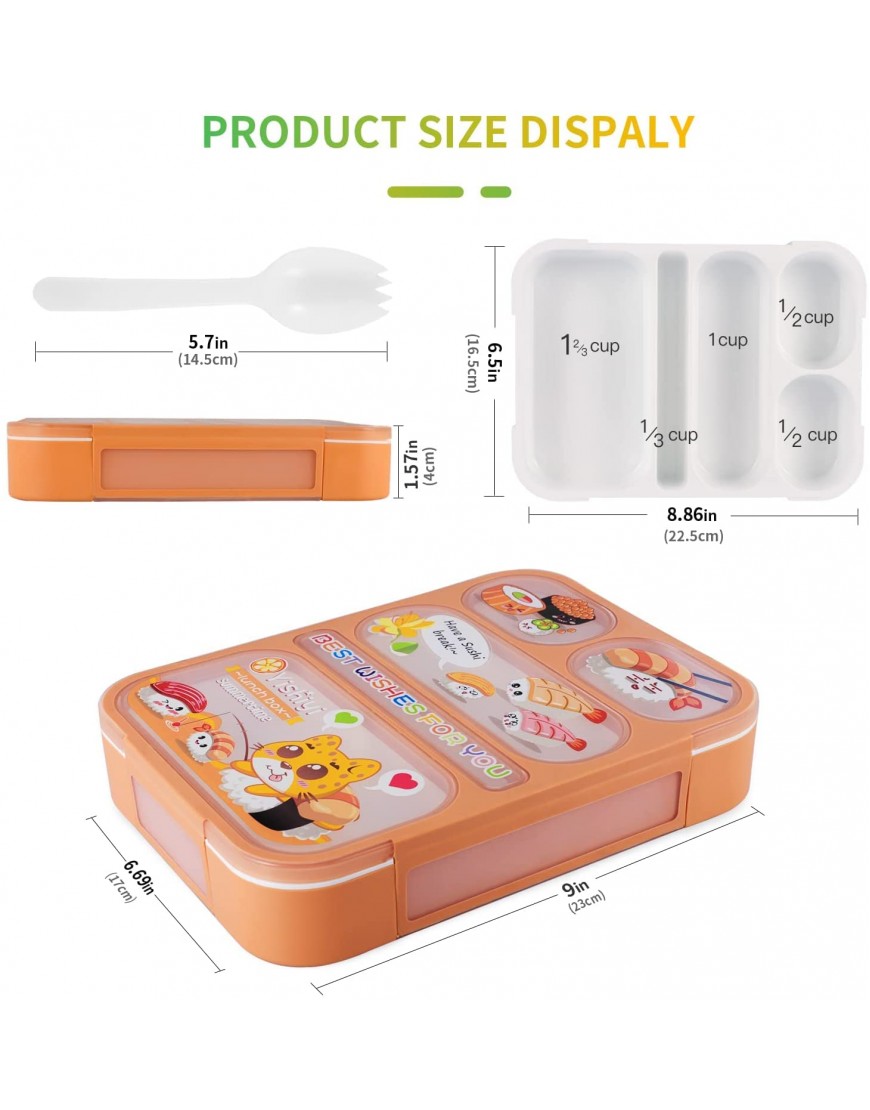 Bento Box Lunch Boxes for Kids Girls Boys Toddlers Durable Leak-proof Bento Boxes BPA-Free with 5 Cup Separate compartments & Fork Snack Container Box orange