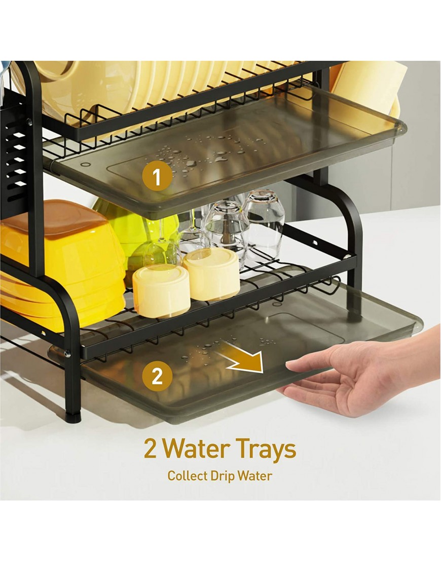 Dish Drying Rack Swedecor 2 Tier Rust-Resistant Dish Rack Small Dish Drainer with Drainboard Tray Cup Holder and Utensil Holder for Kitchen Countertop Saving Space Black
