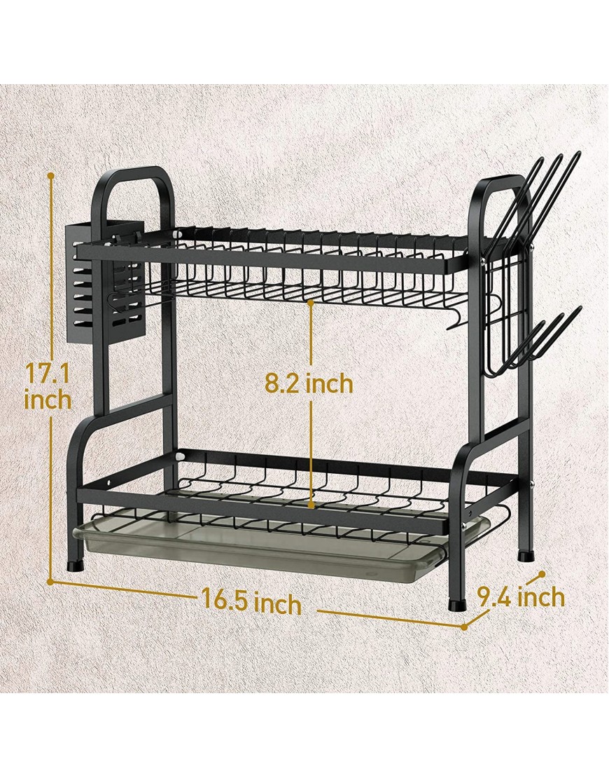 Dish Drying Rack Swedecor 2 Tier Rust-Resistant Dish Rack Small Dish Drainer with Drainboard Tray Cup Holder and Utensil Holder for Kitchen Countertop Saving Space Black