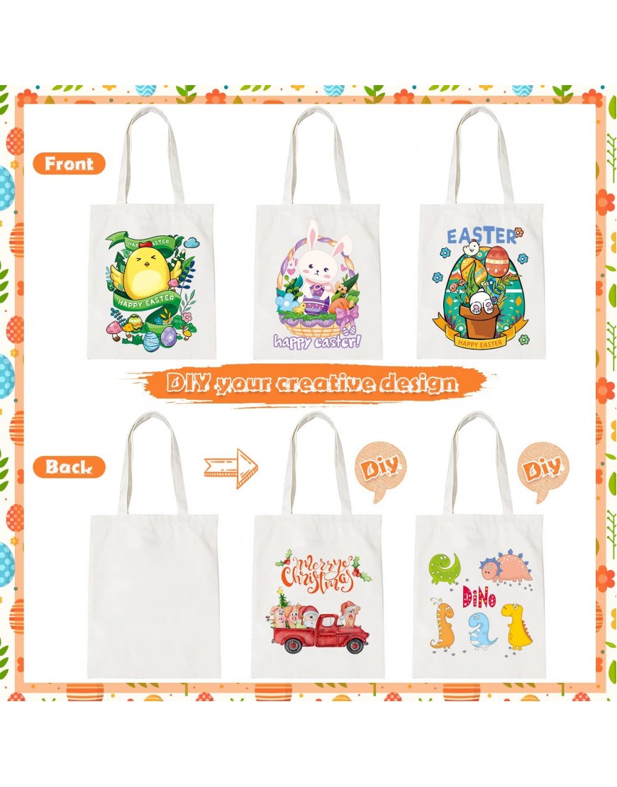 Easter Tote Bags for Kids 3 PCS Large Cotton Bunny Egg Easter Canvas Bags with Handle Reusable Grocery Shopping Bags Gift Goodie Bags for Easter Eggs Hunt Easter Basket Easter Party Favor Supplies