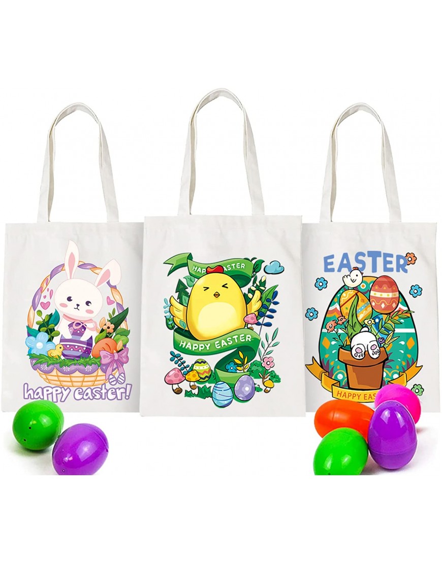 Easter Tote Bags for Kids 3 PCS Large Cotton Bunny Egg Easter Canvas Bags with Handle Reusable Grocery Shopping Bags Gift Goodie Bags for Easter Eggs Hunt Easter Basket Easter Party Favor Supplies