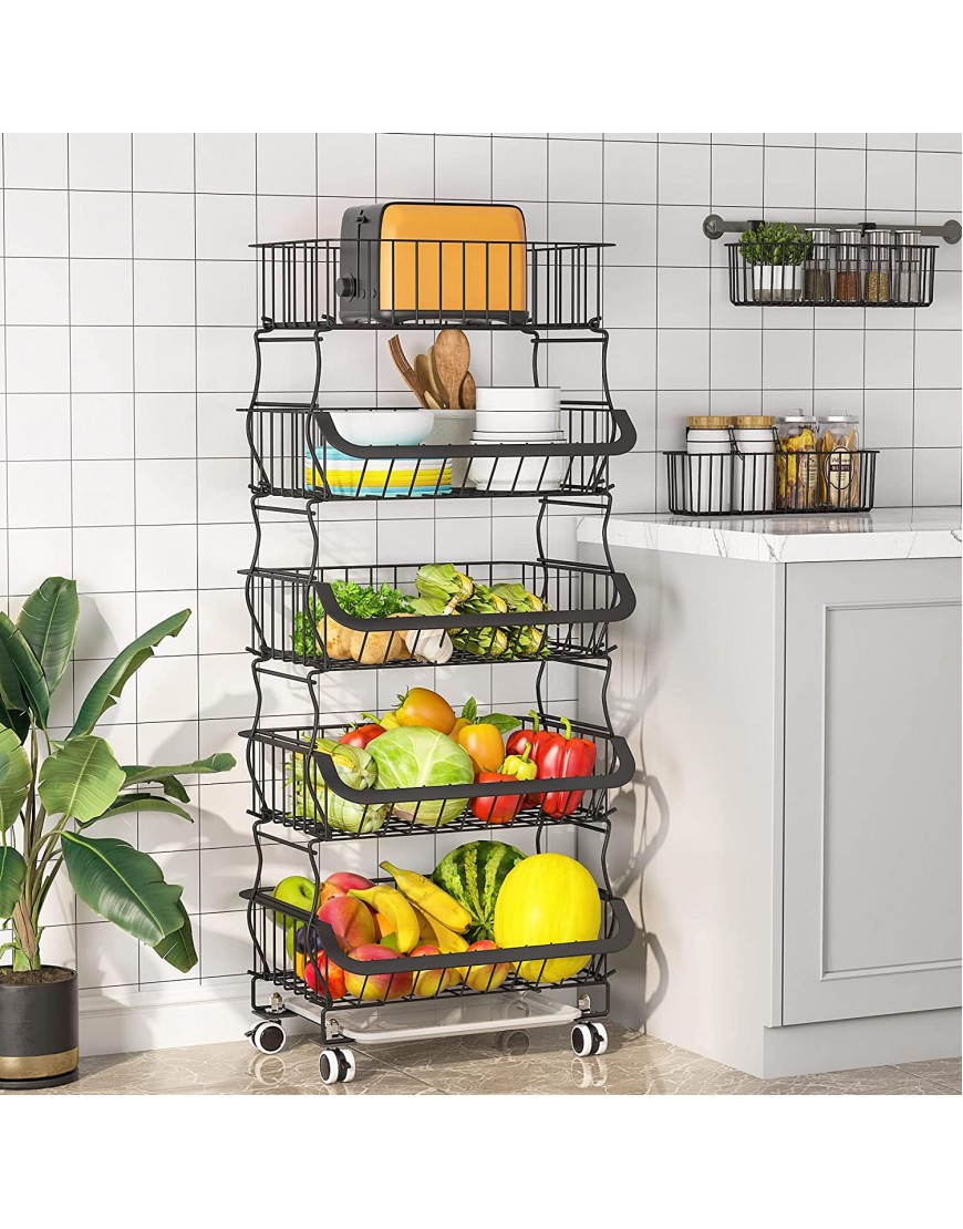 Fruit Basket 1Easylife 3 Tier Stackable Metal Wire Basket Cart with Rolling Wheels Utility Rack for Kitchen Pantry Garage With 2 Free Baskets 5 tier