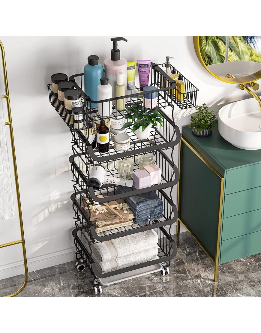 Fruit Basket 1Easylife 3 Tier Stackable Metal Wire Basket Cart with Rolling Wheels Utility Rack for Kitchen Pantry Garage With 2 Free Baskets 5 tier