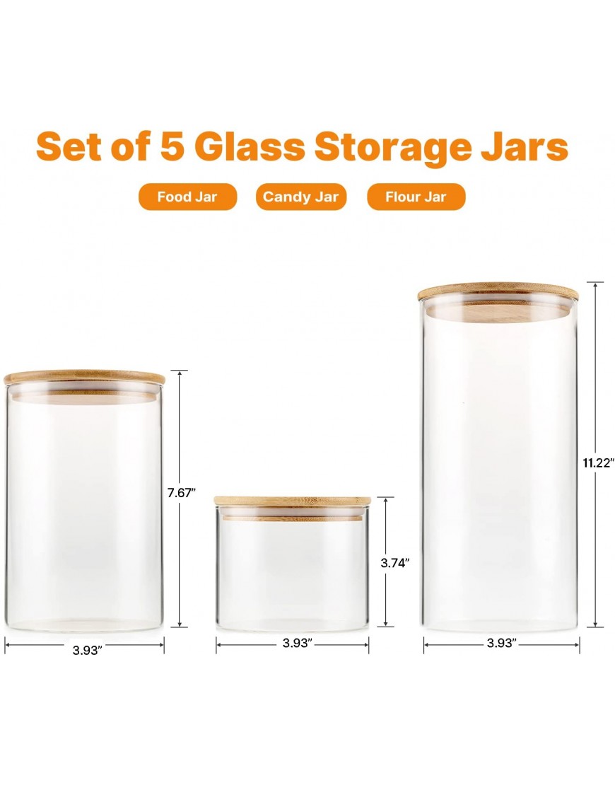 Glass Storage Jars [Set of 5] ,Clear Glass Food Storage Containers with Airtight Bamboo Lid Stackable Kitchen Canisters for Candy,Cookie,Rice,Sugar,Flour,Pasta,Nuts and Spice Jars
