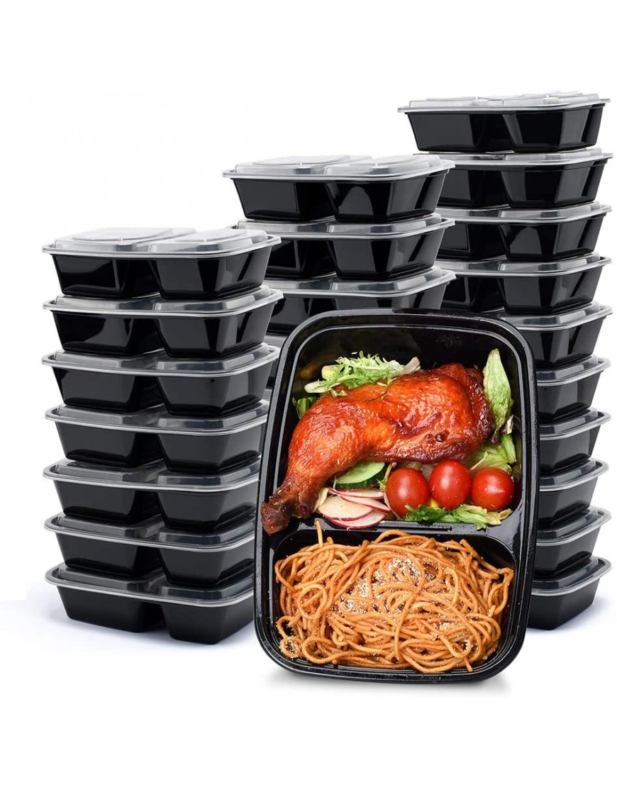 Glotoch 50 Pack 32 oz Meal Prep Container 2-Compartment To Go Containers Black Plastic Containers With Lids For Lunch-Microwave&Freezer&Dishwasher Safe Eco-Friendly BPA-Free Durable&Stackable