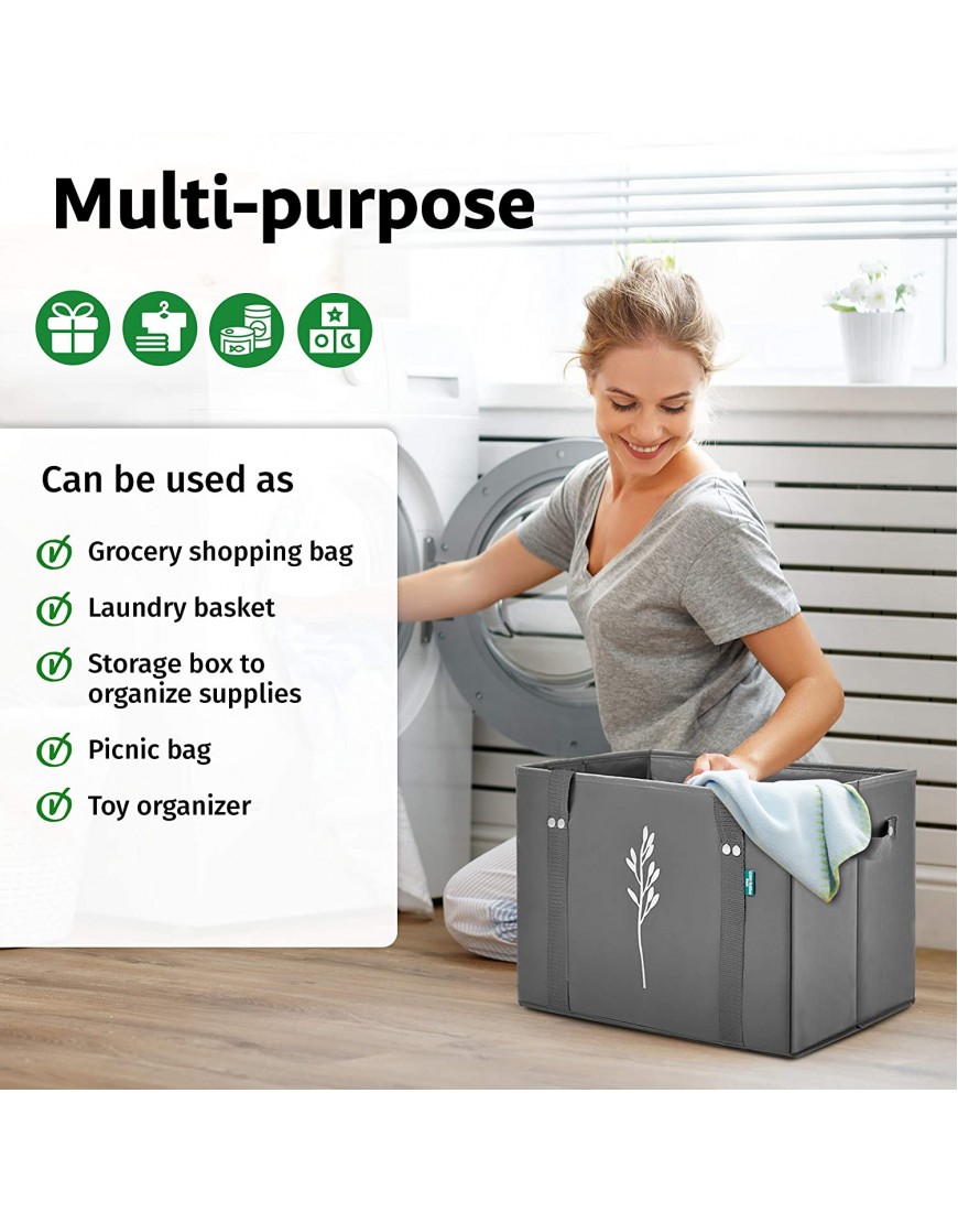 Green Bulldog Reusable Grocery Bags Heavy Duty Foldable Washable Canvas Tote Shopping Bags Box Bag w Straps And Handles Set of 3 Gray