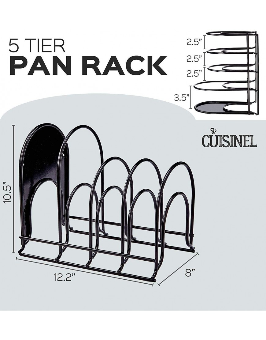 Heavy Duty Pan Organizer 5 Tier Rack Holds up to 50 LB Holds Cast Iron Skillets Griddles and Shallow Pots Durable Steel Construction Space Saving Kitchen Storage No Assembly Required