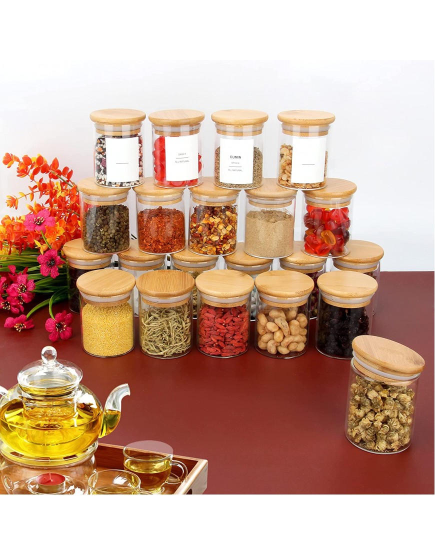 JuneHeart Glass Spice Jars Set 4OZ 20 PCS Clear Food Storage Containers with Bamboo Wooden Airtight Lids and Labels for Pantry Kitchen Sugar Salt Coffee Tea Beans