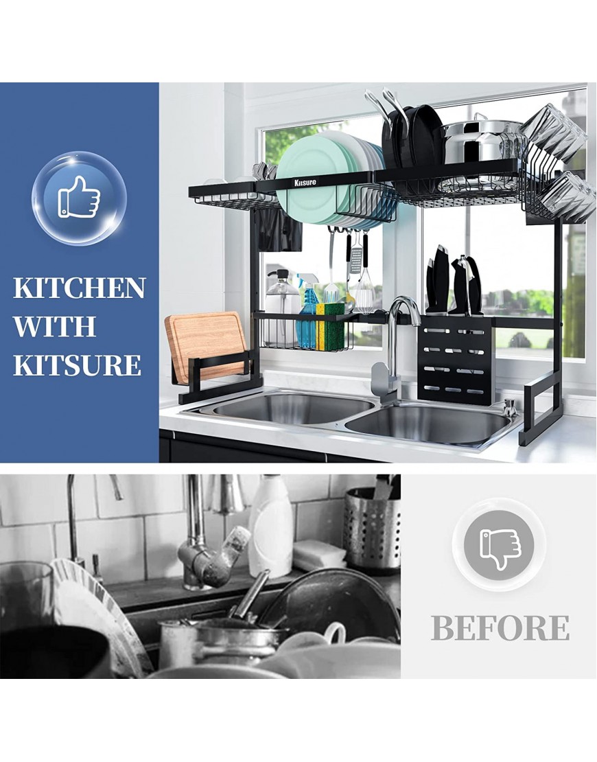 Kitsure Over-The-Sink Dish Drying Rack 2-Tier with Adjustable Length Design 33.4-39.4in,Multifunctional Dish Rack for Over-Sink Use Stainless Steel Dish Rack Space-Saving Sink Dish Drying Rack