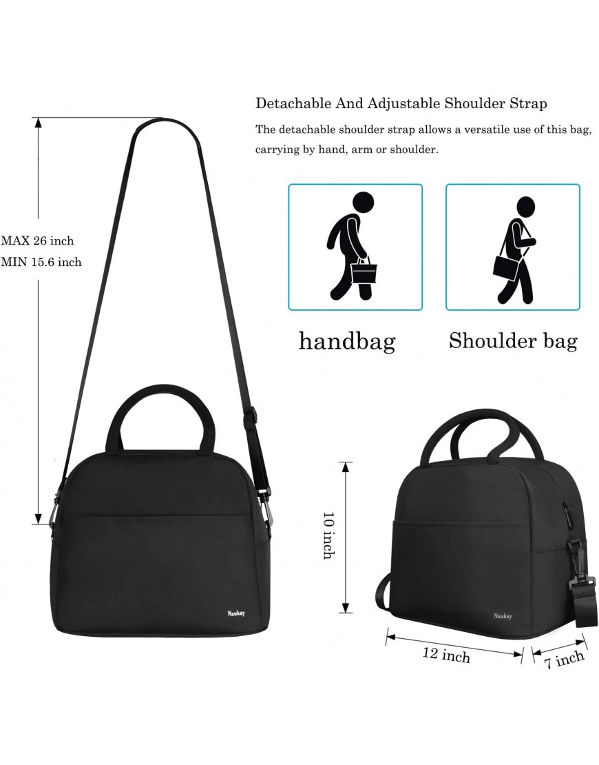 Large Lunch Bag Insulated Lunch Box for Women and Men Light Durable Tote Bag with Adjustable Shoulder Strap for Office Work School Picnic Hiking Beach Fishing-Black