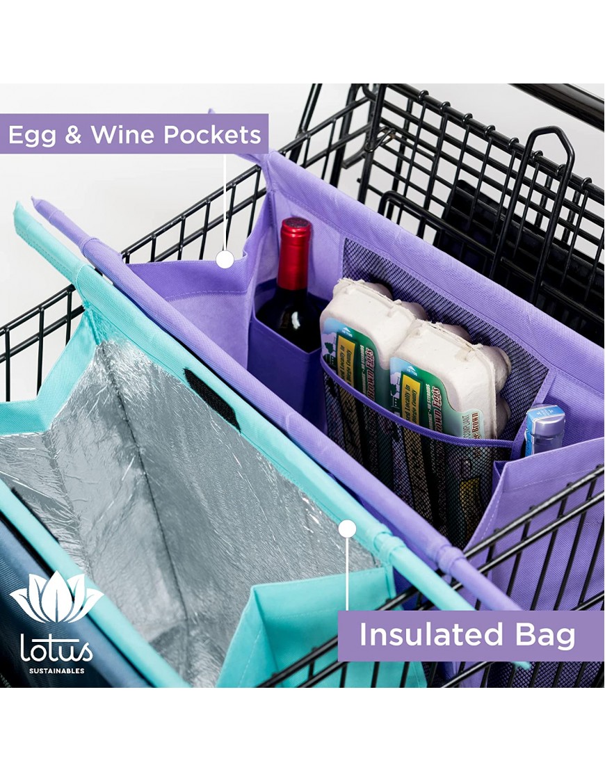 Lotus Trolley Bags -set of 4 -w LRG COOLER Bag & Egg Wine holder! Reusable Grocery Cart Bags sized for USA. Eco-friendly 4-Bag Grocery Tote. Purple Turquoise Blue Brown,