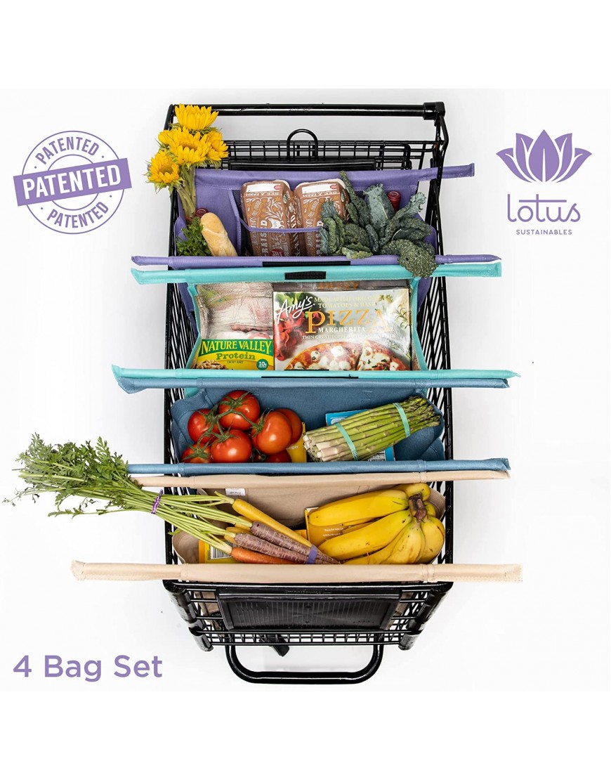 Lotus Trolley Bags -set of 4 -w LRG COOLER Bag & Egg Wine holder! Reusable Grocery Cart Bags sized for USA. Eco-friendly 4-Bag Grocery Tote. Purple Turquoise Blue Brown,