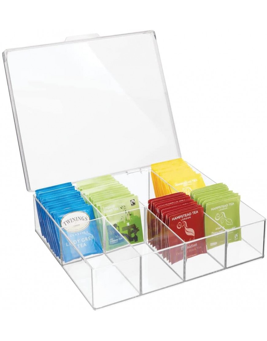 mDesign Tea Storage Organizer Box 8 Divided Sections Easy-View Hinged Lid Use in Kitchen Pantry and Cabinets; Holder for Tea Bags Packets Small Items and Accessories BPA free Clear