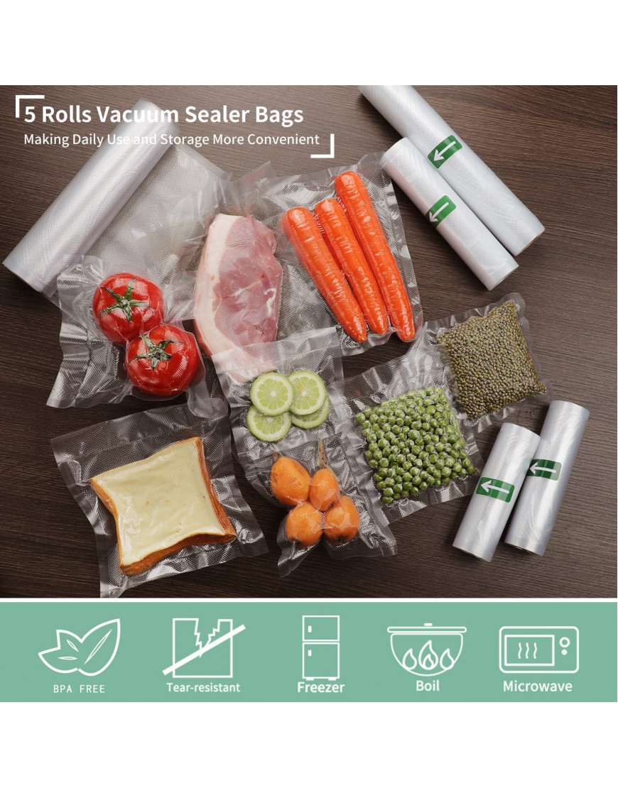 Mozing Vacuum Sealer Bags Commercial Grade Food Seal Bag Rolls Meal Saver Bags for Storage or Sous Vide 5 Pack 1 Roll 5.9 x 11' 1 Roll 6.7 x 11' 1 Roll 7.9 x 11' 1 Roll 9.8 x 11' and 1 Roll 11 x 11' 5 Rolls