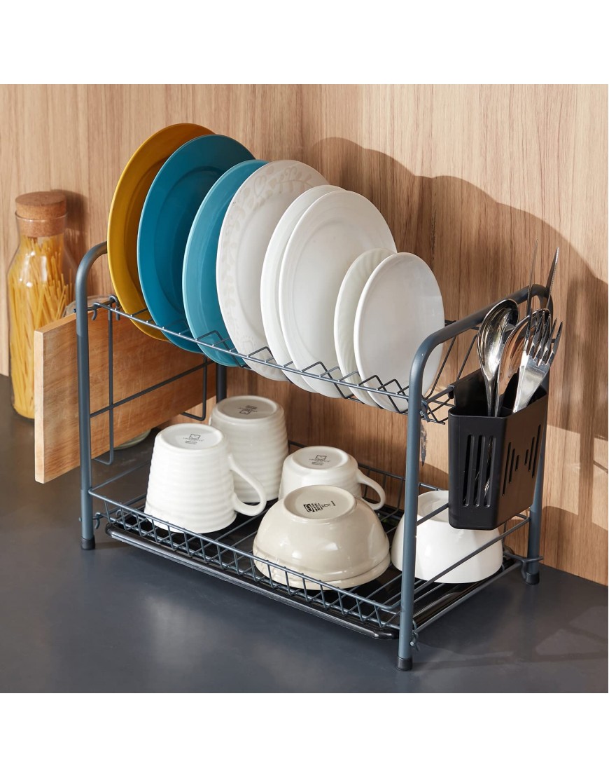 NATUROUS Dish Rack 2 Tier Dish Drying Rack Kitchen Organizer with Drain Board Utensil Holder Cutting Board Holder Gray