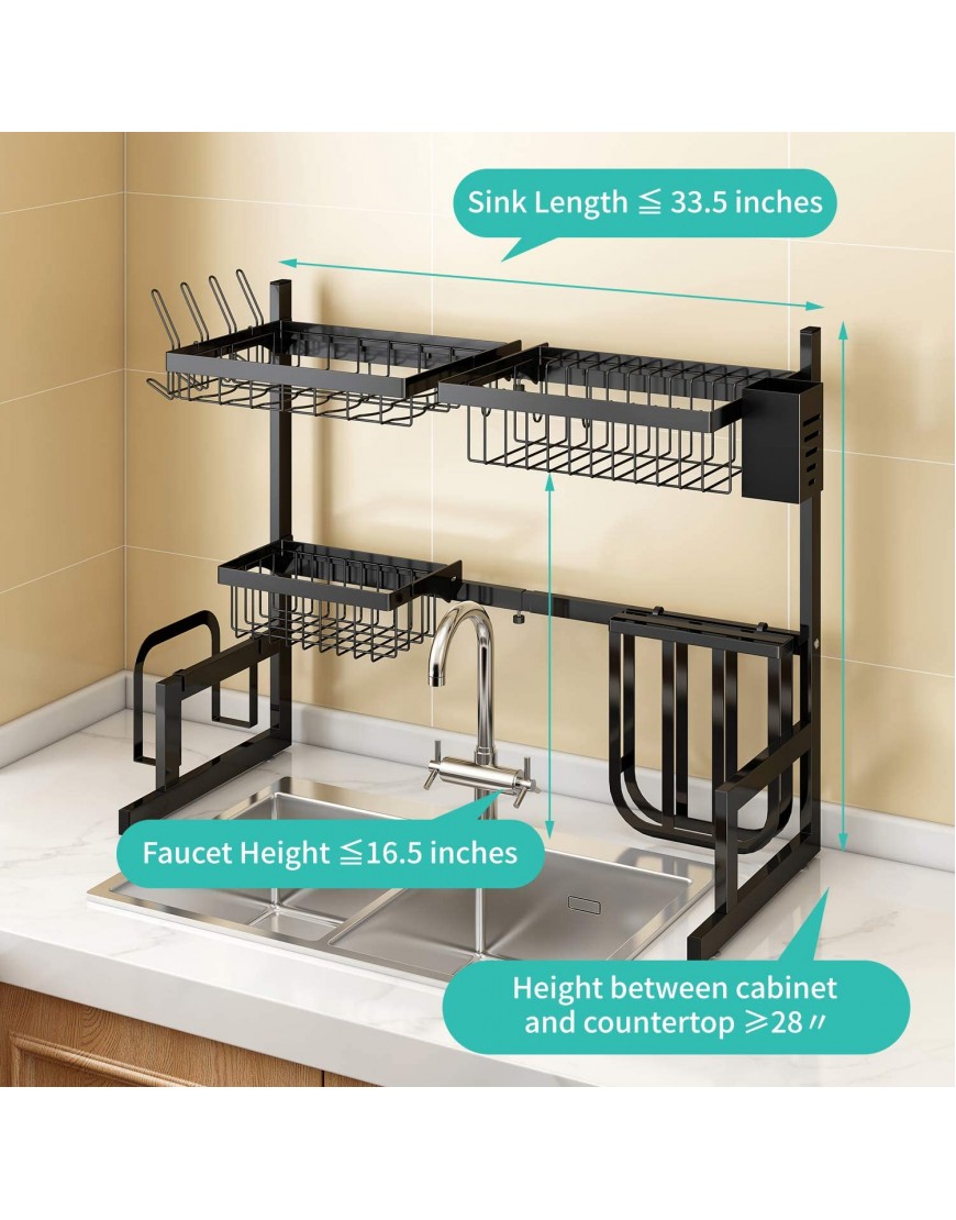 Over The Sink Dish Drying Rack Adjustable 25.6-33.5 2 Tier Stainless Steel Dish Rack Drainer Large Dish Rack Over Sink for Kitchen Counter Organizer Storage Space Saver with 10 Utility Hooks