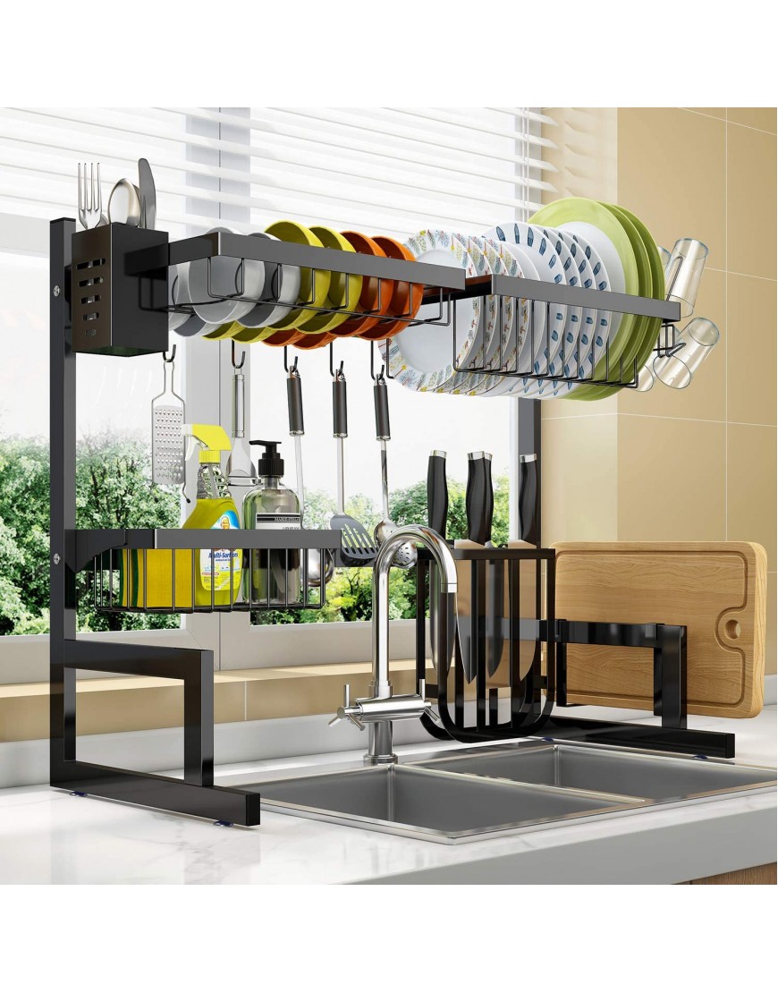 Over The Sink Dish Drying Rack Adjustable 25.6"-33.5" 2 Tier Stainless Steel Dish Rack Drainer Large Dish Rack Over Sink for Kitchen Counter Organizer Storage Space Saver with 10 Utility Hooks