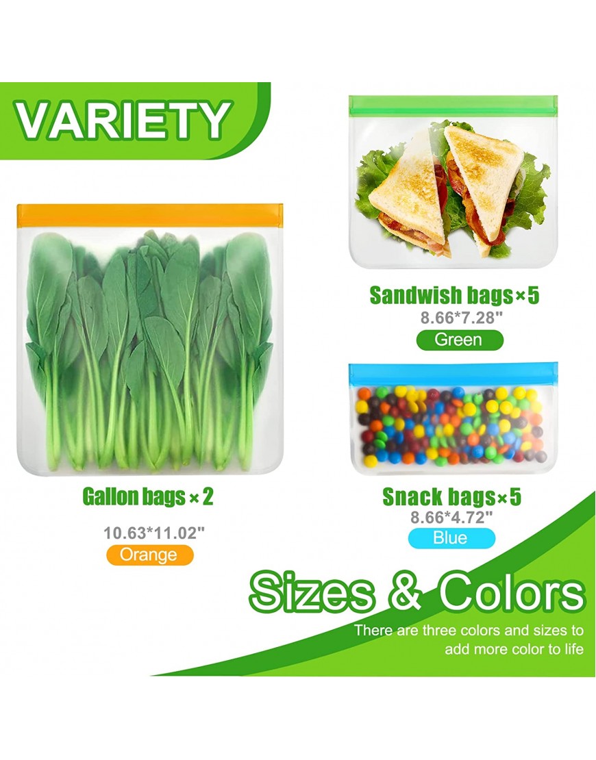 Reusable Food Storage Bags 12 Count BPA Free Reusable Freezer Bags 2 Gallon & 5 Sandwich & 5 Snack Size Bags Tangibay Leakproof Freezer Safe Bag for Meat Fruit Vegetable