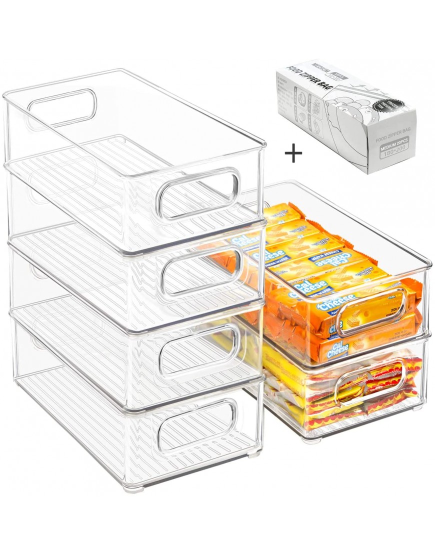 Stackable Refrigerator Organizer Bins 6 Pack Clear Kitchen Organizer Container Bins with Handles and 20 PCS Free Plastic Bags for Pantry Cabinets Shelves Drawer Freezer Food Safe BPA Free 10L