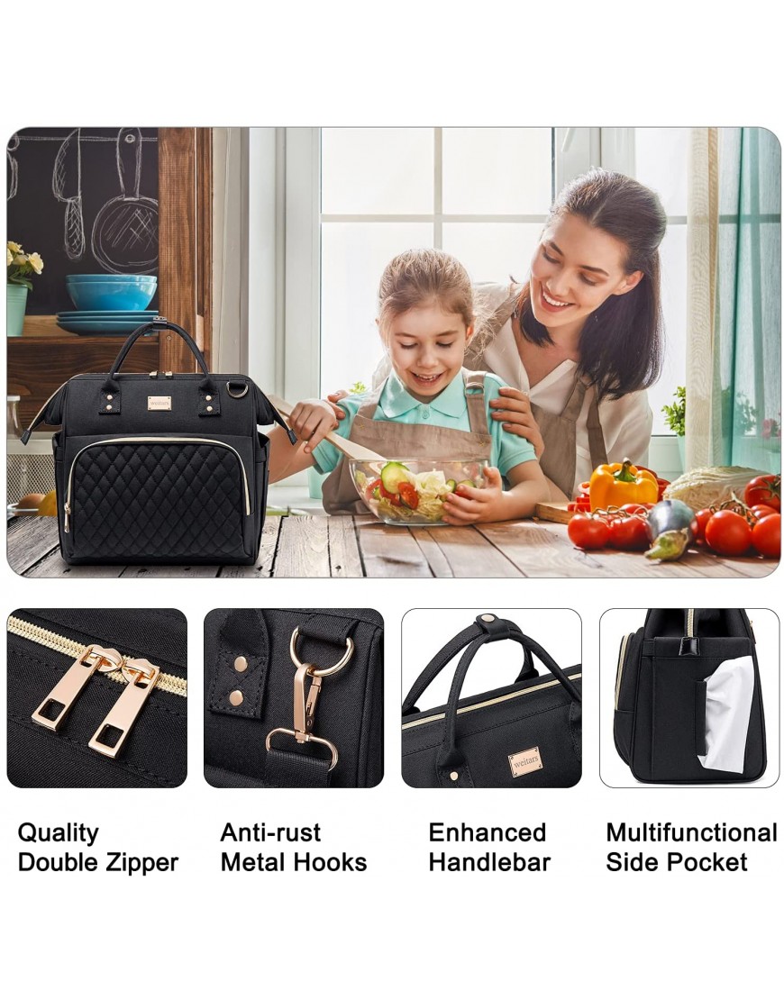 Weitars Lunch Bags for Women Large Leak Proof Tote Bag for Work Insulated Lunch Bag Lunch Box for Women Cooler Lunch Bag With Side Pockets Adjustable Shoulder Strap for Picnic Beach SchoolBlack