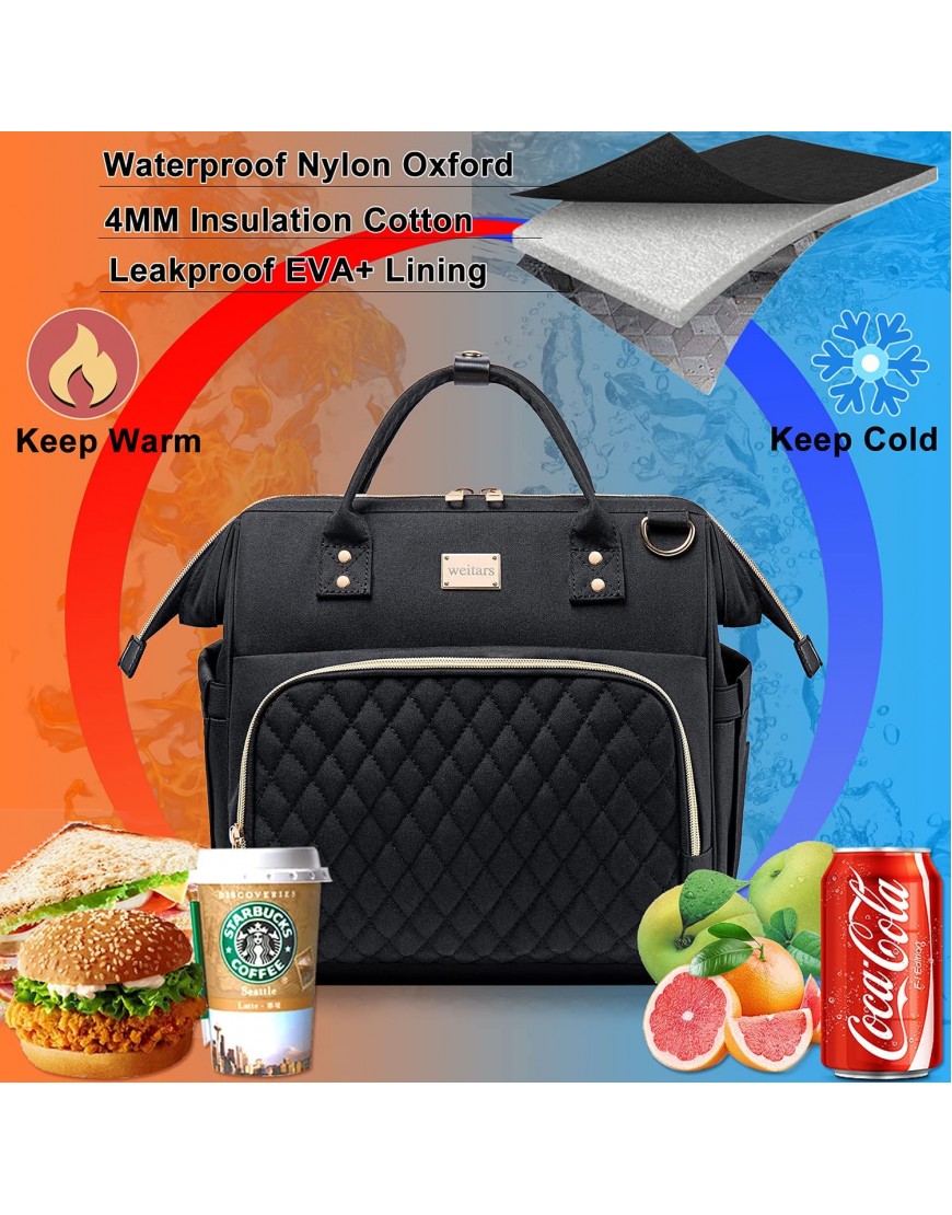 Weitars Lunch Bags for Women Large Leak Proof Tote Bag for Work Insulated Lunch Bag Lunch Box for Women Cooler Lunch Bag With Side Pockets Adjustable Shoulder Strap for Picnic Beach SchoolBlack