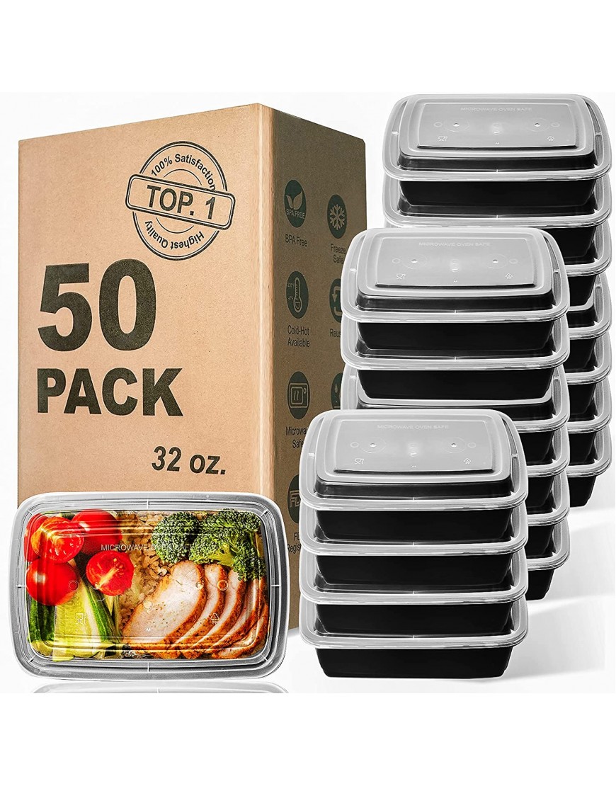 WGCC Meal Prep Containers 32OZ 50 Pack Extra-thick Food Storage Containers with Lids Plastic Microwavable Bento Box Reusable Storage Lunch Boxes BPA Free Stackable Dishwasher Freezer Safe