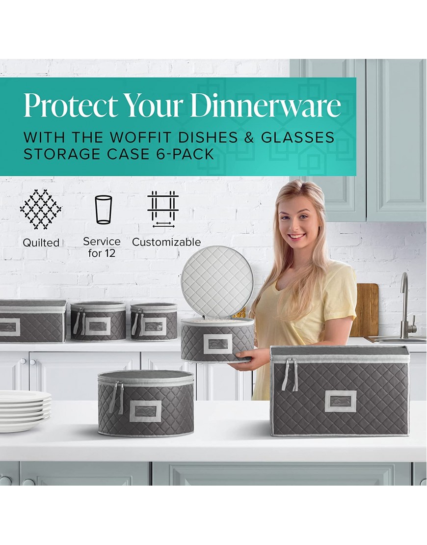 Woffit China Storage Containers 6 Pack Quilted Dinnerware & Stemware Set Bins for Packing Dishes and Glasses w 48 Felt Protectors Essential Dish Supplies for Moving Christmas Seasonal Storage ﻿