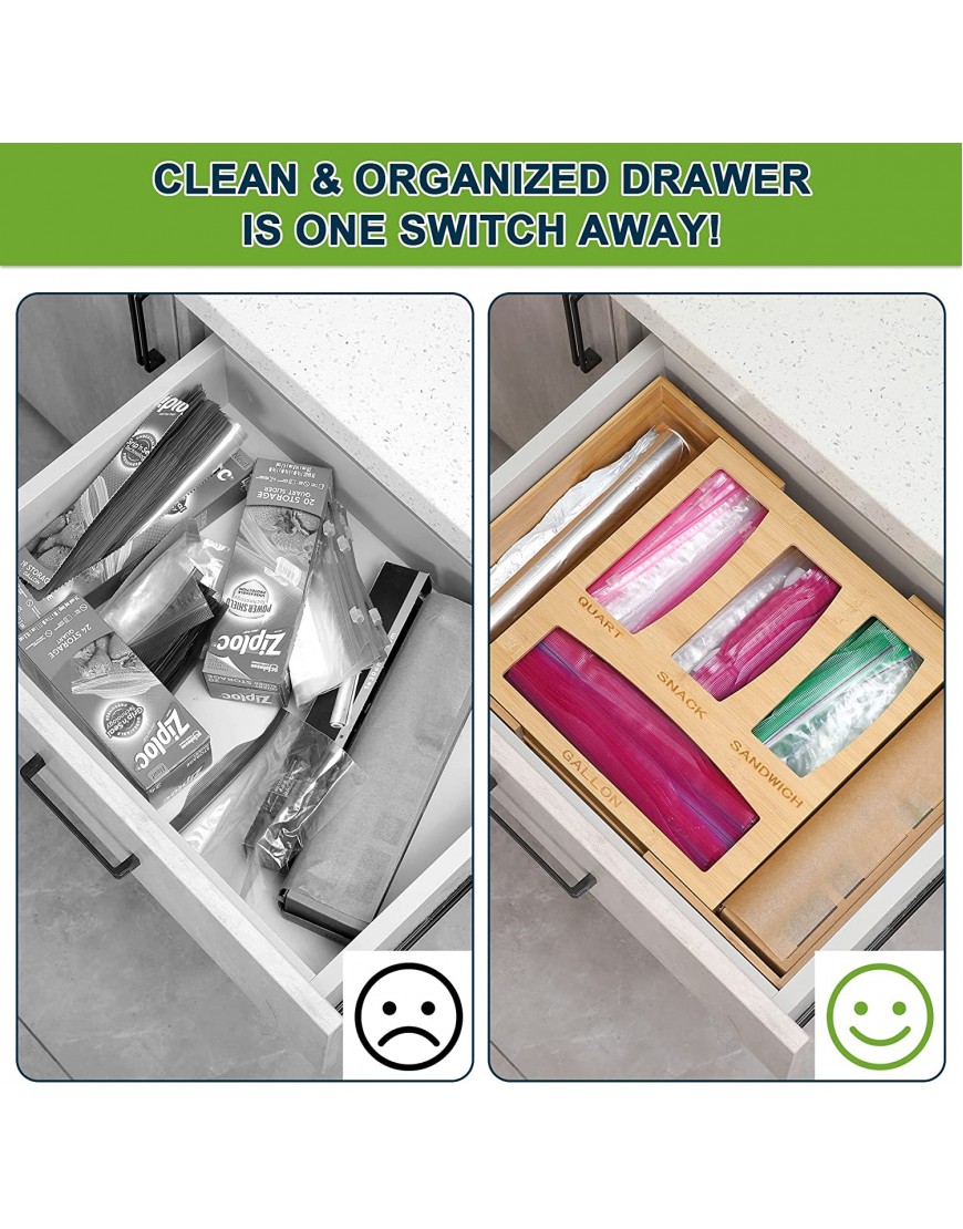 Ziplock Bag Storage Organizer Expandable Kitchen Drawer Organizer for Food Storage Bag Premium Bamboo Dispenser Compatible with Ziploc Hefty Glad Solimo Suitable for Gallon Quart Sandwich & Snack Variety Size Plastic Bags and 12 Aluminum Foil and