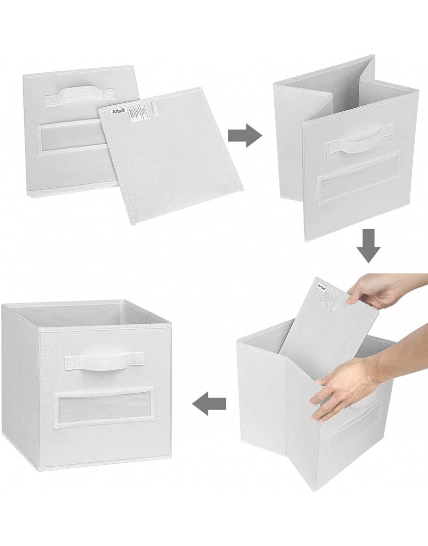artsdi Set of 10 Storage Cubes Foldable Fabric Cube Storage Bins with 10 Labels Window Cards & a Pen Collapsible Cloth Baskets Containers for Shelves Closet Organizers Box for Home & Office,White