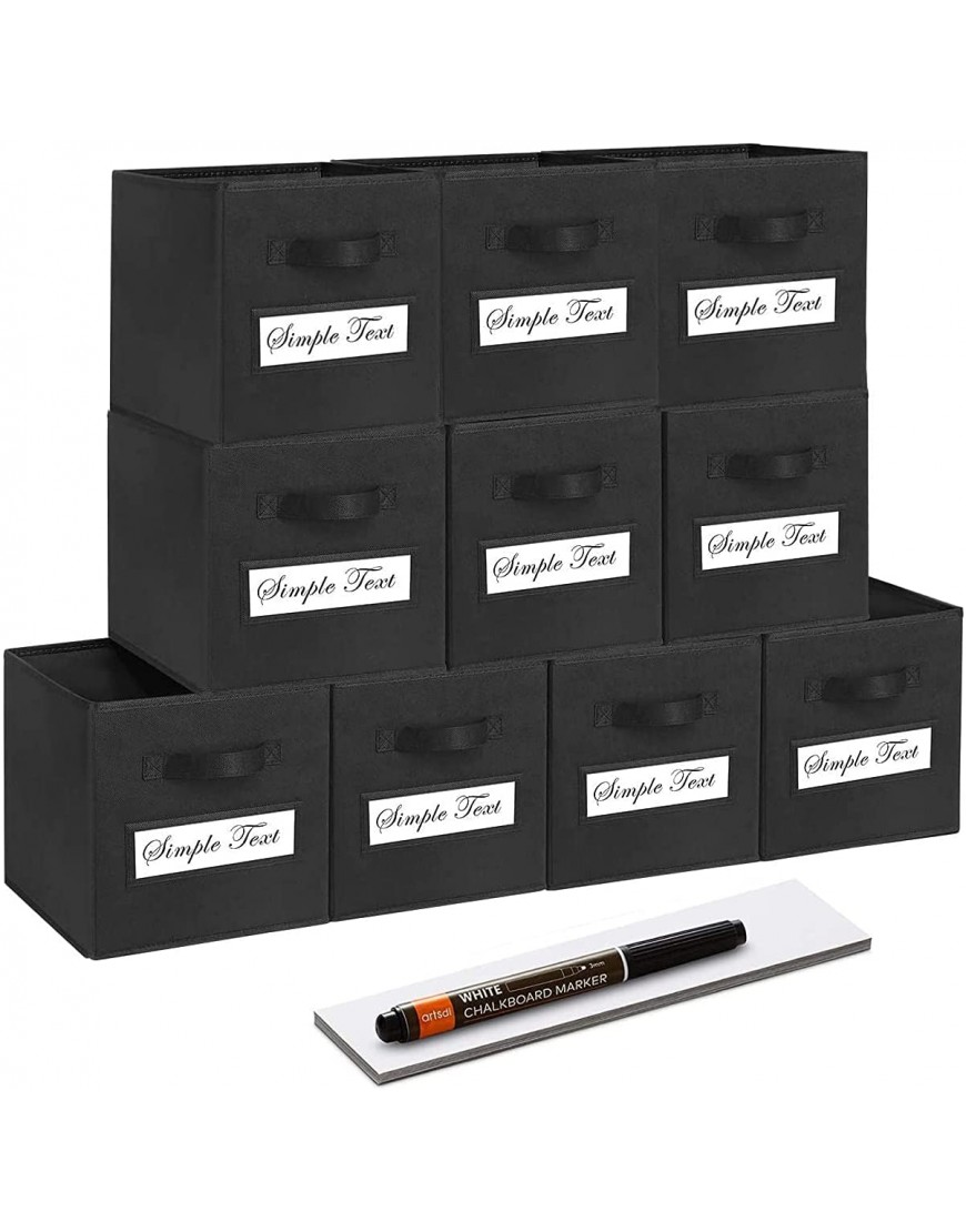artsdi Set of 10 Storage Cubes Foldable Fabric Cube Storage Bins with 10 Labels Window Cards & a Pen Collapsible Cloth Baskets Containers for Shelves Closet Organizers Box for Home & Office,Black