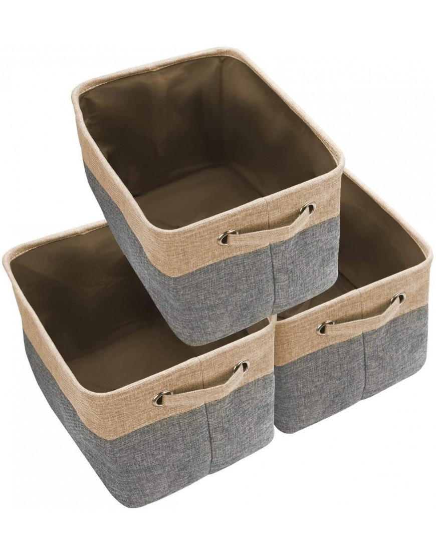 Awekris Foldable Storage Bin Basket Set [3-Pack] Canvas Fabric Collapsible Organizer With Handles Storage Cube Box For Home Office Closet Grey Tan Grey