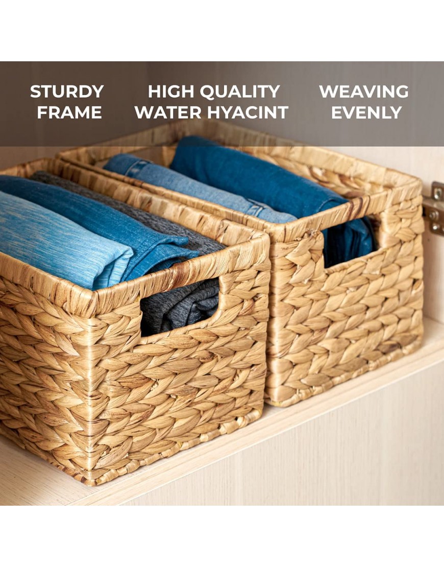 BARIEN Natural Water Hyacinth Storage Baskets Rectangular Wicker Basket with Built-in Handles Medium 12.6” x 8” x 7” 2-Pack