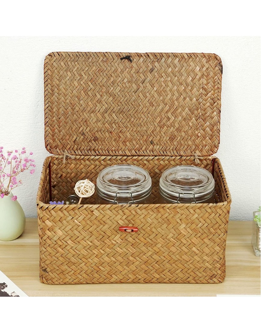 Casaphoria Handwoven Rattan Storage Basket Large Size Seagrass Organizer Container with Lid for Makeup Clothes and Home Items Pack of 1