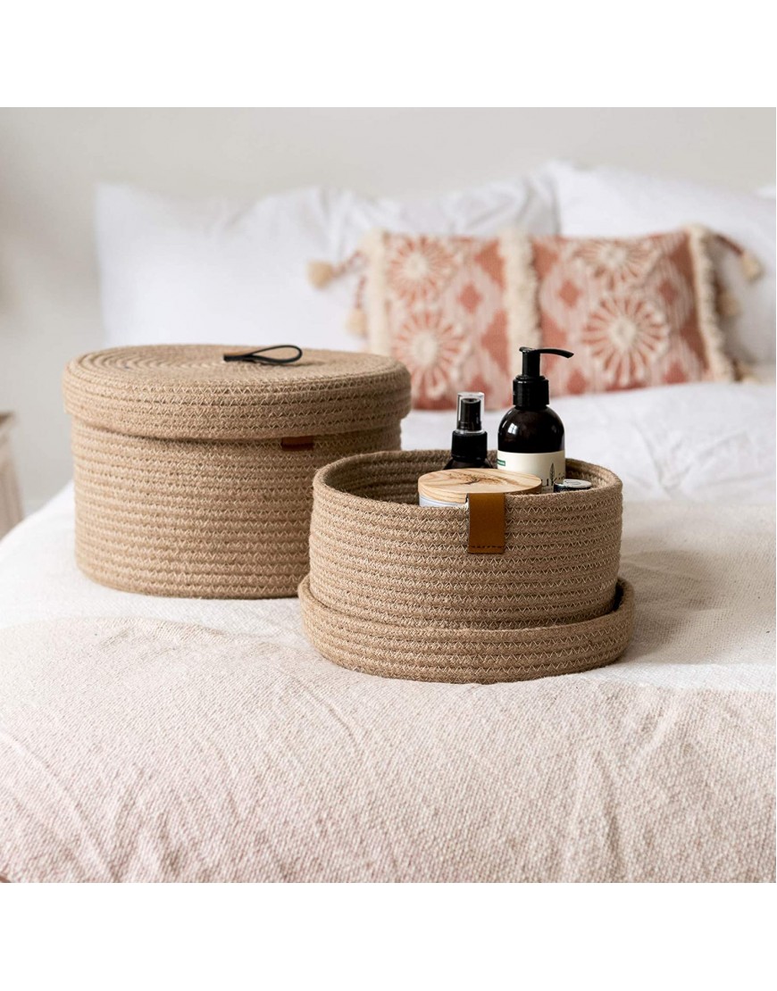 DENJA & CO Round Baskets with Lids Set of 2 Decorative Jute Baskets with Lids for Organizing Natural Jute Rope Lidded Baskets with Genuine Leather Tabs Storage Baskets with Lids