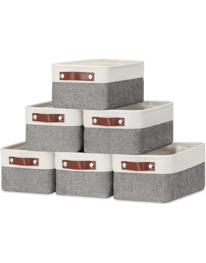 DULLEMELO Small Storage Baskets 6 Pack Fabric Collapsible Gift Storage Baskets for Shelves Closets Nursery Home Office Organizing,Small Canvas Linen Rectangular Storage Bins 6-Pack White&Grey