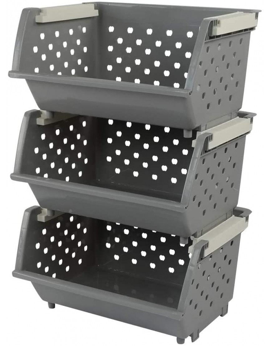 Eagrye Plastic Stackable Storage Bins Multi-functional Stacking Basket Grey Pack of 3