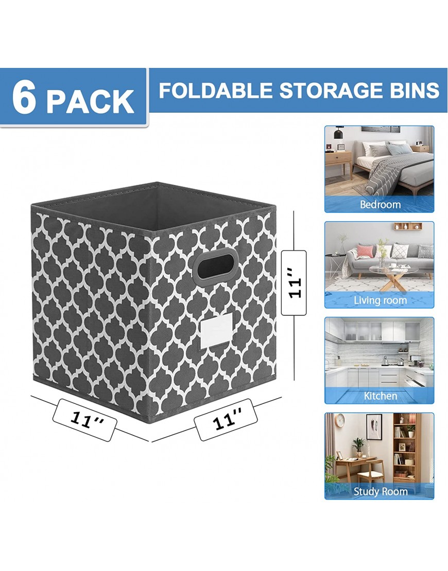 Foldable Cube Storage Bins 11x11 inches Fabric Storage Bin Baskets Box Organizer with Labels and Dual Plastic Handles for Shelf Closet Nursery Set of 6 Grey