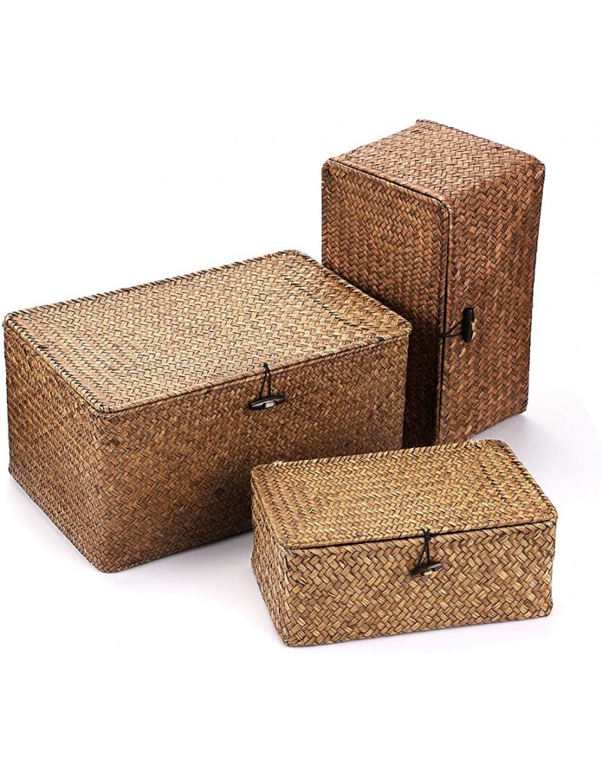 Hipiwe Set of 3 Natural Seagrass Storage Baskets with Lid Large Handwoven Wicker Storage Bins Rectangular Household Organizer Boxes Shelf Wardrobe Organizer Coffee