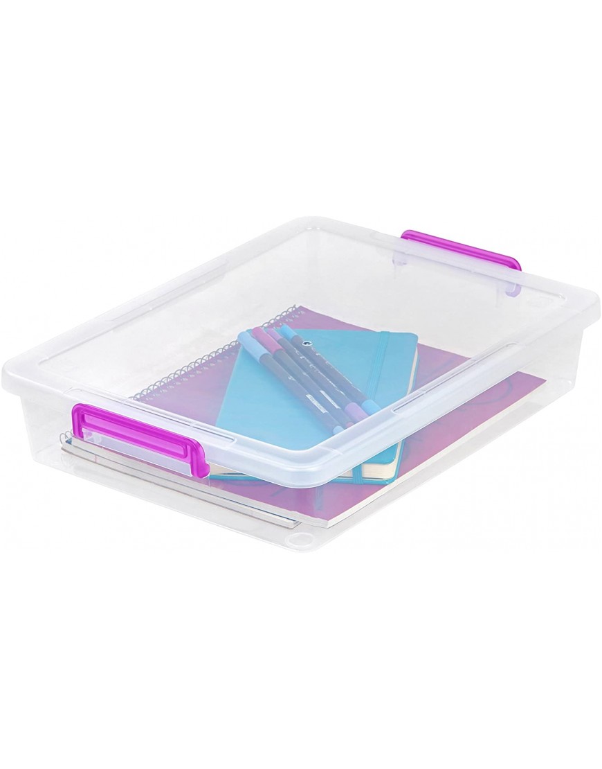 IRIS USA 6 Qt. Large Flat Plastic Modular Storage Bin Tote Organizing Container with Durable Lid and Secure Latching Buckles Stackable and Nestable 6 Pack Clear and Purple